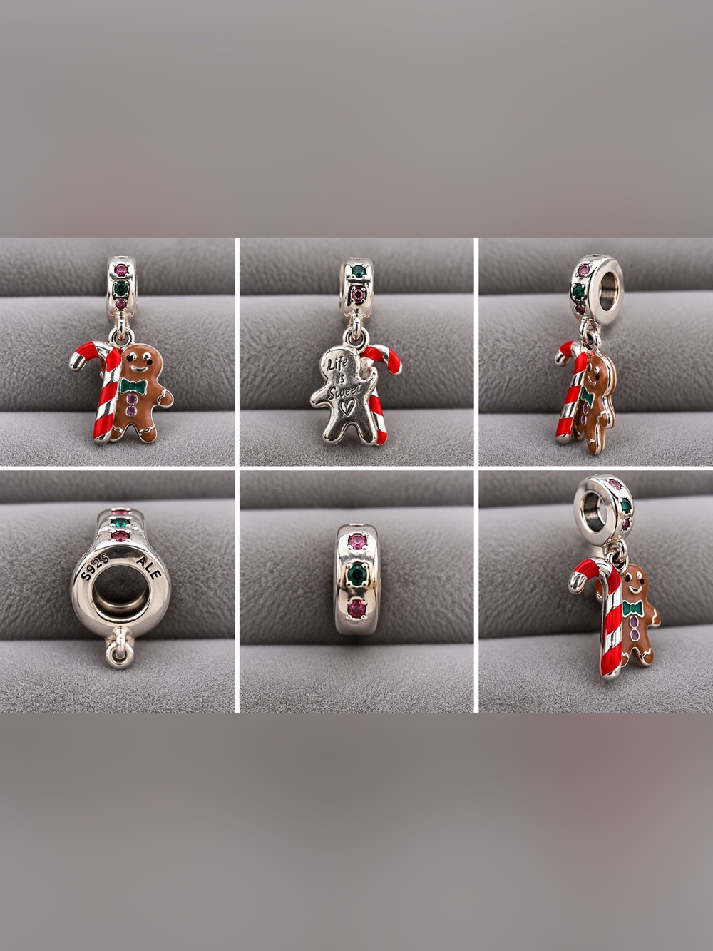 Pandora Silver Gingerbread Man with Red & White Candy Cane Dangle Charm